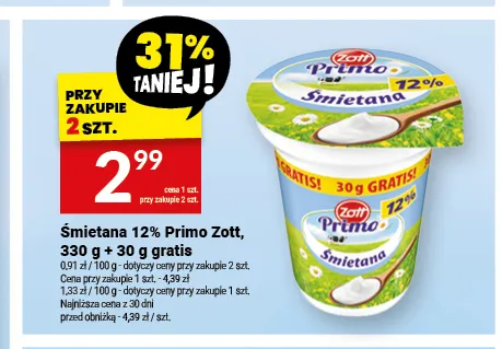 Śmietana Primo Zott 12% promocja w Twój Market
