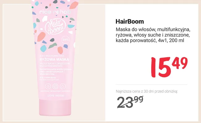 Maska do włosów HairBoom ryżowa multifunkcyjna 4w1 promocja w Rossmann
