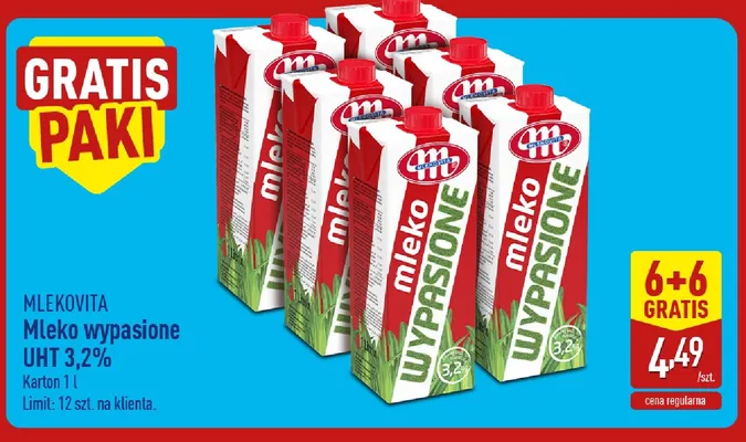 Mleko UHT wypasione Mlekovita 3,2% promocja w Aldi