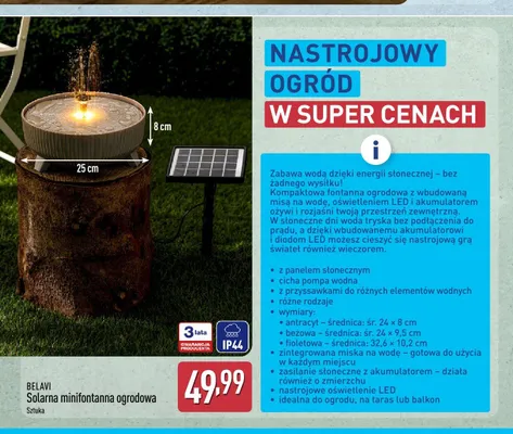 Solarna minifontanna ogrodowa Belavi beżowa promocja w Aldi