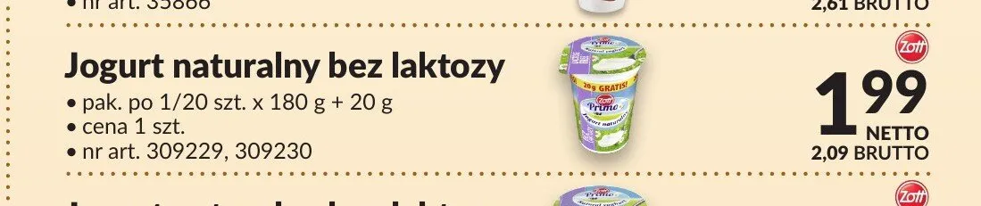 Jogurt naturalny bez laktozy Zott Primo promocja w Makro