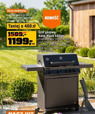 Grill gazowy Kane Black Edition 4 palniki główne + 1 palnik boczny ruszt żeliwny 66,5x41,5cm moc 15kW OBI promocja w OBI