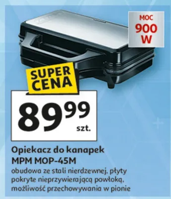 Opiekacz do kanapek MPM MOP-45M obudowa ze stali nierdzewnej, płyty pokryte nieprzywierającą powłoką, możliwość przechowywania w pionie promocja w Auchan