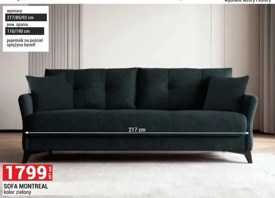 Sofa Montreal kolor zielony wymiary 217/85/92cm pow. spania 116/190cm pojemnik na pościel sprężyna bonell promocja w Merkury Market