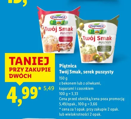 Serek puszysty Piątnica Twój Smak z bekonem lub z oliwkami, kaparami i czosnkiem promocja w Lidl