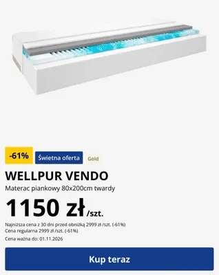 Materac piankowy 80x200 cm twardy Wellpur Vendo promocja w Jysk