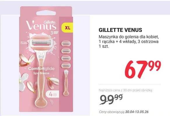 Maszynka do golenia dla kobiet Gillette Venus Comfortglide Spa Breeze XL 1 rączka + 4 wkłady 3 ostrzowa promocja w Rossmann