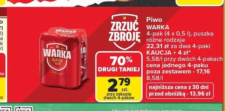 Piwo Warka Classic 4-pak promocja w Carrefour