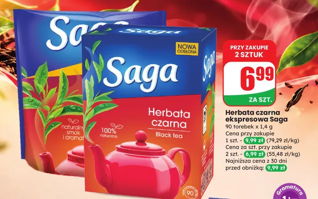 Herbata czarna ekspresowa Saga promocja w Dino