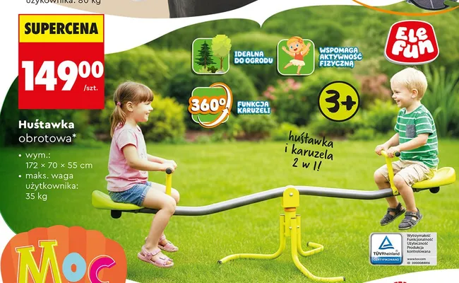 Huśtawka obrotowa i karuzela 2 w 1 ELE FUN wym.: 172x70x55cm maks. waga użytkownika: 35kg promocja w Biedronka