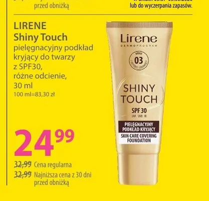 Pielęgnacyjny podkład kryjący do twarzy Lirene Shiny Touch promocja w Hebe