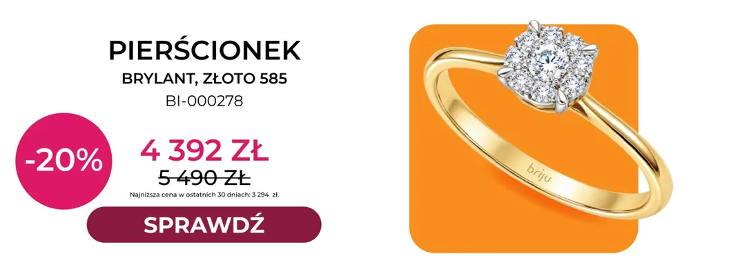 Pierścionek brylant złoto 585 BI-000278 Briju promocja w Briju