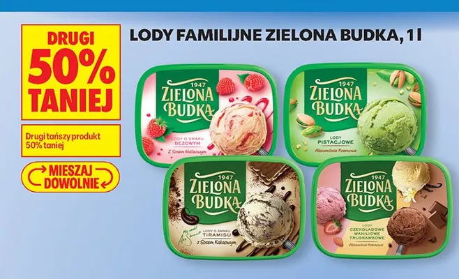 Lody familijne Zielona Budka o smaku bezowym z sosem malinowym 1l promocja w Biedronka