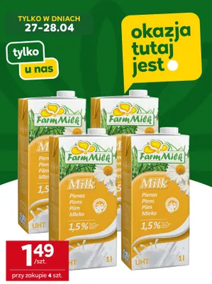 Mleko UHT FarmMilk 1,5% promocja w Stokrotka