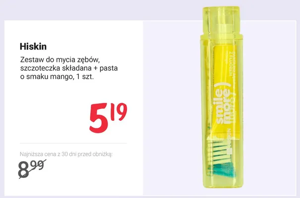 Zestaw do mycia zębów Hiskin szczoteczka składana + pasta o smaku mango promocja w Rossmann