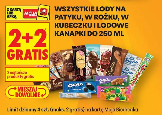 Wszystkie lody na patyku, w rożku, w kubeczku i lodowe kanapki promocja w Biedronka