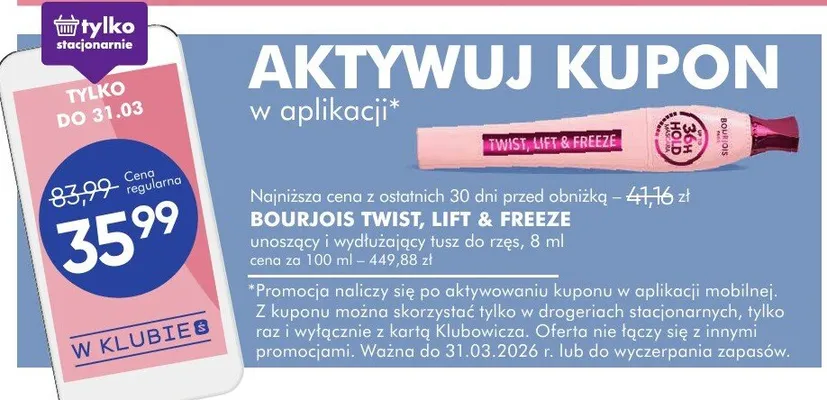 Tusz upiększający i wydłużający do rzęs Bourjois Twist, Lift & Freeze promocja w Super-Pharm
