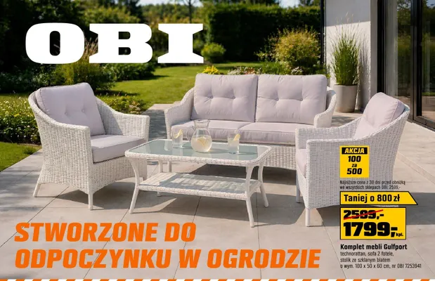 Komplet mebli Gulfport technorattan sofa 2 fotele stolik ze szklanym blatem o wym. 100x50x60cm promocja w OBI