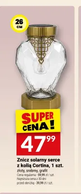 Znicz solarny serce z kolią Cortina 26 cm srebrny promocja w Twój Market