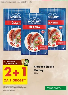 Kiełbasa śląska Morliny starannie wędzona promocja w Delikatesy Centrum