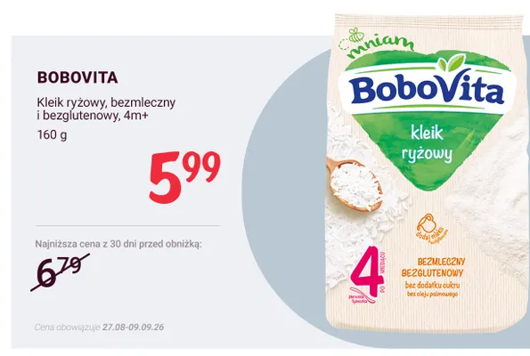 Kleik ryżowy bezmleczny i bezglutenowy 4 m+ BoboVita promocja w Rossmann
