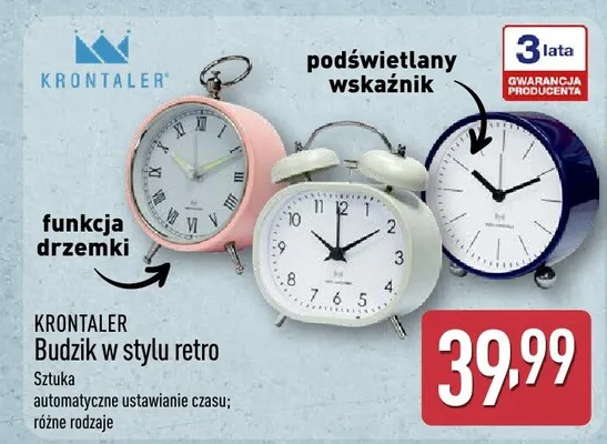 Budzik w stylu retro Krontaler promocja w Aldi