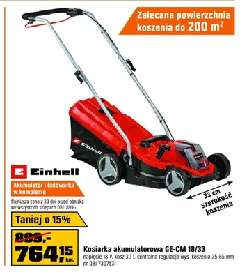 Kosiarka akumulatorowa Einhell GE-CM 18/33 napięcie 18V kosz 30l centralna regulacja wys. koszenia 25-65mm promocja w OBI