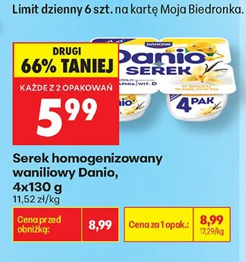 Serek homogenizowany waniliowy Danio 4-pak promocja w Biedronka
