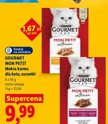 Mokra karma dla kota w saszetkach Gourmet Mon Petit intense z wołowiną cielęciną i jagnięciną 6-pak promocja w Lidl