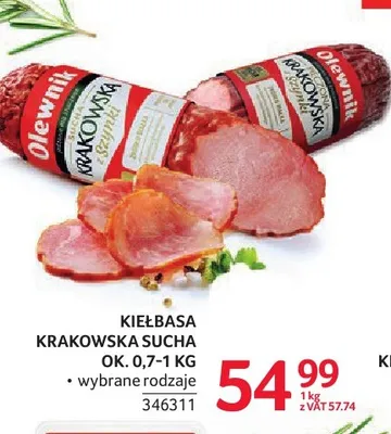 Kiełbasa krakowska sucha ze szynki Olewnik promocja w Selgros