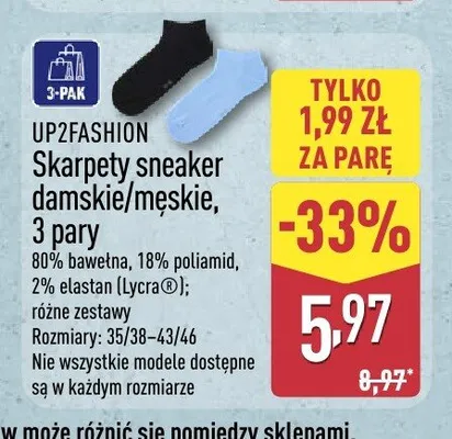 Skarpety sneaker damskie/męskie UP2FASHION 3-pak promocja w Aldi