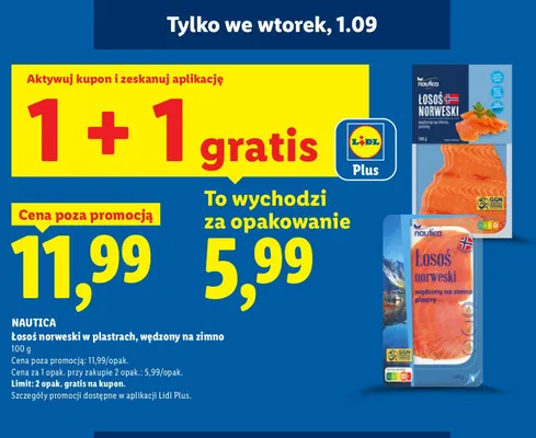 Łosoś norweski w plastrach wędzony na zimno Nautica promocja w Lidl