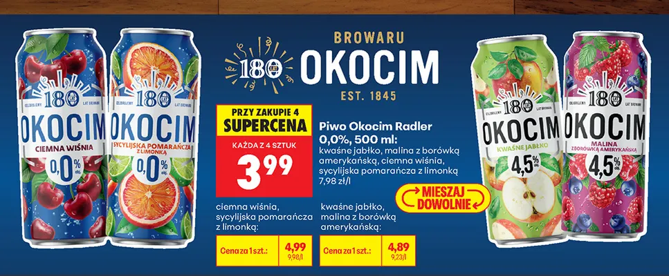 Piwo bezalkoholowe Okocim Radler ciemna wiśnia promocja w Biedronka