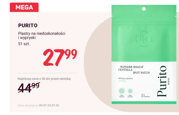Plastry na niedoskonałości i wypryski Purito Wonder Releaf Centella Spot Patch promocja w Rossmann