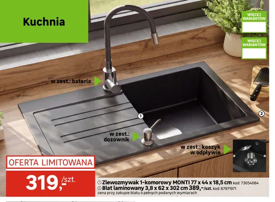 Zlewozmywak 1-komorowy Monti 77x44x18,5 cm promocja w Leroy Merlin