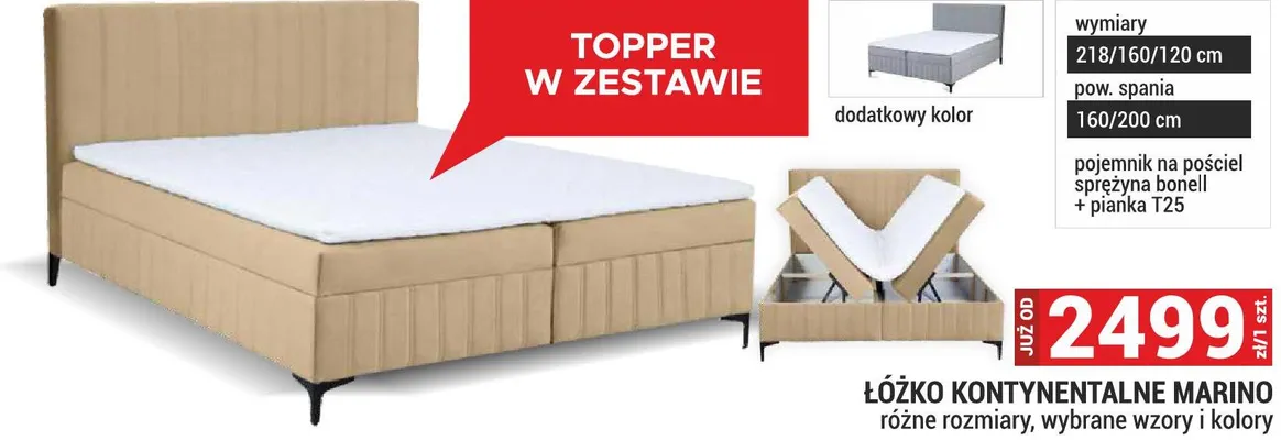 Łóżko kontynentalne Marino 218x160x120cm powierzchnia spania 160x200cm pojemnik na pościel sprężyna bonell pianka T25 topper w zestawie różne rozmiary wybrane wzory i kolory promocja w Merkury Market