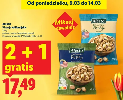 Pistacje kalifornijskie prażone i solone lub prażone bez soli promocja w Lidl
