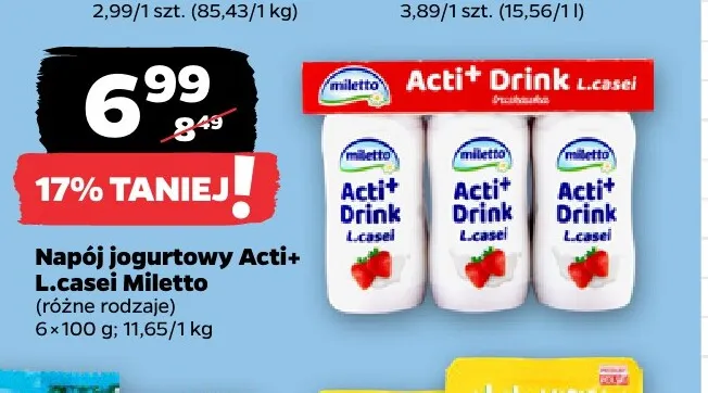 Napój jogurtowy Acti+ L.casei truskawka Miletto 6-pak promocja w Netto