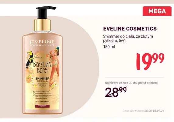 Shimmer do ciała Eveline Cosmetics Brazilian Body ze złotym pyłkiem 5w1 promocja w Rossmann
