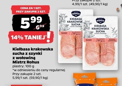 Kiełbasa krakowska sucha z szynki z wołowiną Mistrz Rohus promocja w Netto