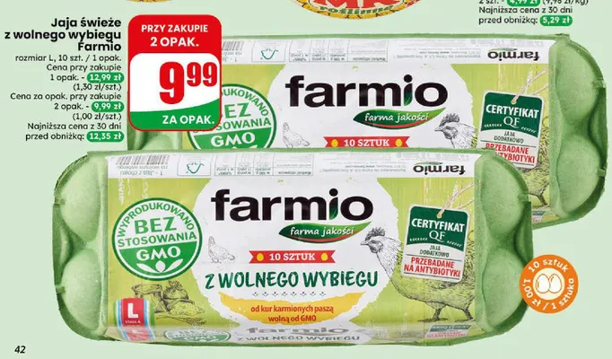 Jajka kurze świeże z wolnego wybiegu Farmio rozmiar L promocja w Dino