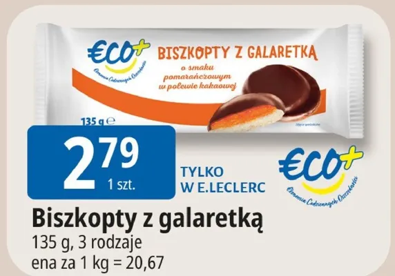 Biszkopty z galaretką o smaku pomarańczowym w polewie kakaowej €Co+ promocja w Leclerc