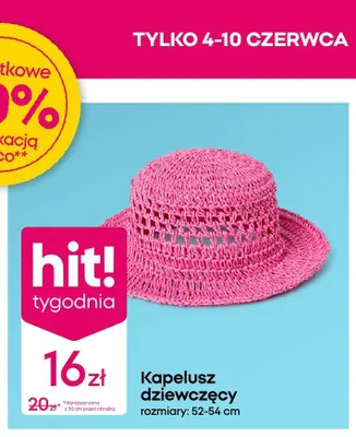 Kapelusz dziewczęcy rozmiary: 52-54 cm promocja w Pepco