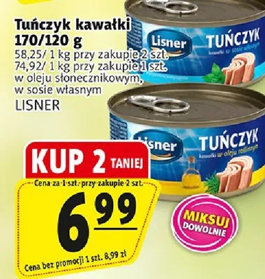 Tuńczyk kawałki w sosie własnym Lisner promocja w Prim Market