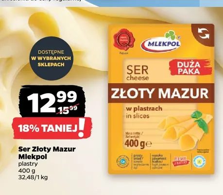 Ser Złoty Mazur w plastrach Mlekpol promocja w Netto
