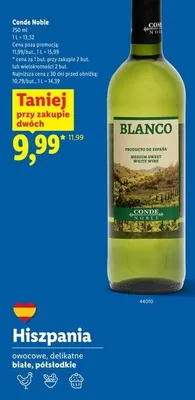 Wino białe półsłodkie Conde Noble Blanco promocja w Lidl