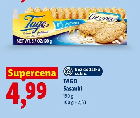Ciastka owsiane Tago Sasanki bez dodatku cukru promocja w Lidl