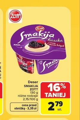 Deser kaszka Zott Smakija z sosem z owoców leśnych promocja w Carrefour