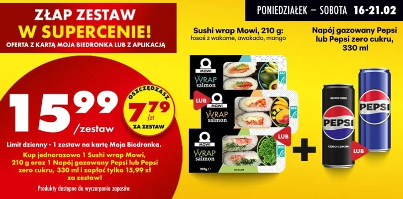 Zestaw - Sushi wrap Mowi + napój Pepsi/ Pepsi Zero  promocja w Biedronka