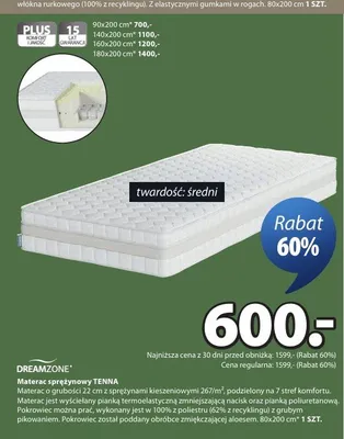 Materac sprężynowy DREAMZONE TENNA 80x200cm promocja w Jysk